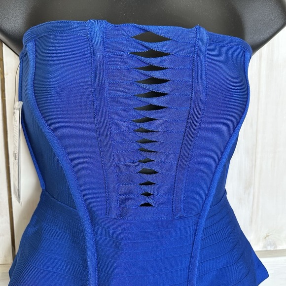 Marciano By Guess Elena Strapless Bandage Dress Blue Peplum Bodycon‎ Sz 6  EU 42 - Picture 5 of 14